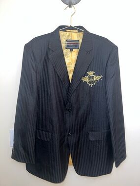 Patroncito‎ Rhinestone Crest Blazer Black Pinstripe Jacket Large Statement Y2K